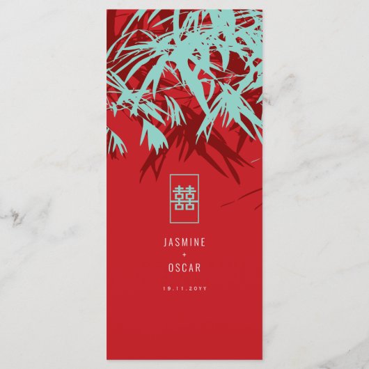 Rood en Turquoise Zen Bamboo trekt Chinees huwelij Menu (Achterkant)