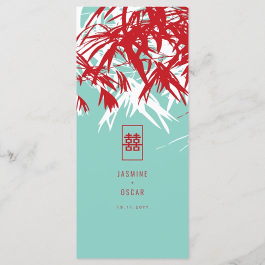 Rood en Turquoise Zen Bamboo trekt Chinees huwelij Menu (Achterkant)