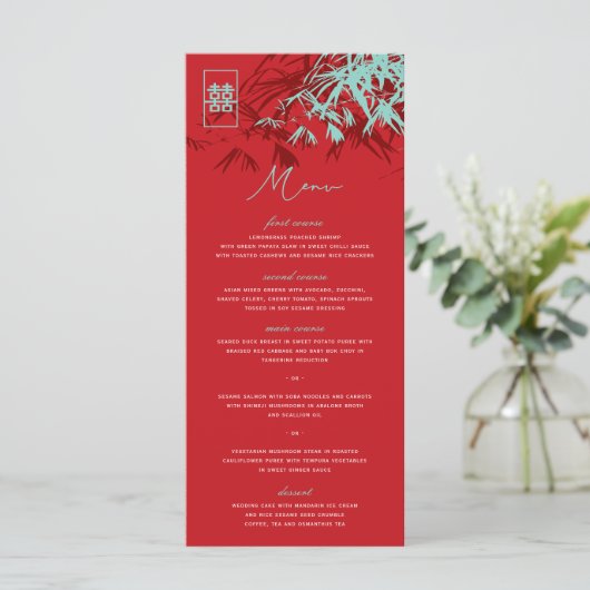 Rood en Turquoise Zen Bamboo trekt Chinees huwelij Menu (Staand voorkant)