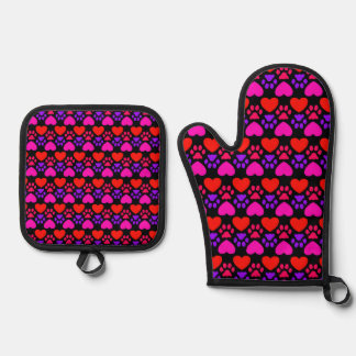 Rood en violet hart en poot ontwerp ovenwant & pannenlap set