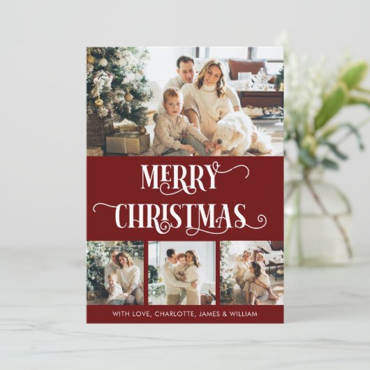 Rood en wit 4 Foto collage kerst Feestdagenkaart (Staand voorkant)