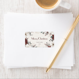 Rood en wit aquarel bloemenkerst etiket