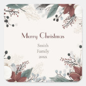 Rood en wit aquarel bloemenkerst vierkante sticker (Voorkant)