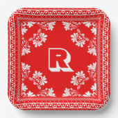 Rood en Wit Bandana Ontwerp met Monogram Papieren Bordje (Voorkant)