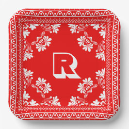 Rood en Wit Bandana Ontwerp met Monogram Papieren Bordje