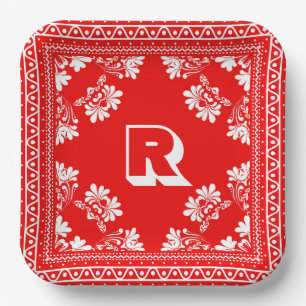 Rood en Wit Bandana Ontwerp met Monogram Papieren Bordje