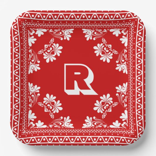 Rood en Wit Bandana Ontwerp met Monogram Papieren Bordje (Voorkant)