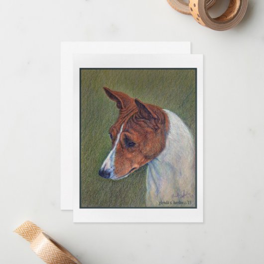 Rood en wit Basenji Art Notitiekaartje (Voorkant / Achterkant in situ)