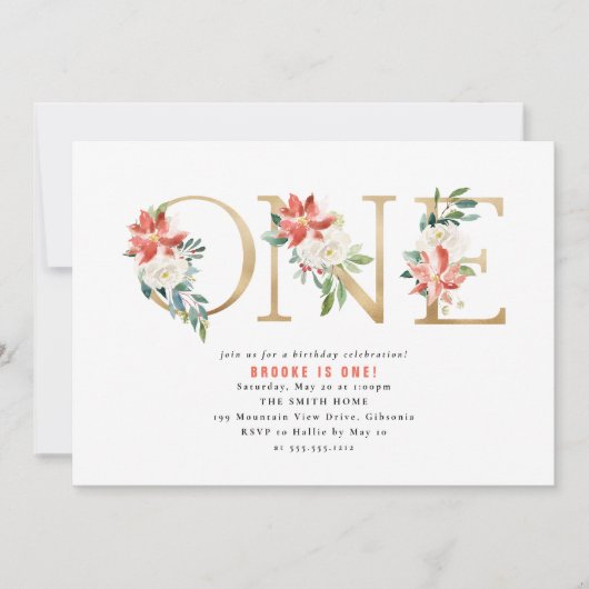 Rood en Wit Bloem Kerst Eerste Verjaardag Kaart (Voorkant)