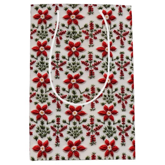 Rood en Wit Bloemen Borduurwerk Medium Cadeauzakje (Voorkant)