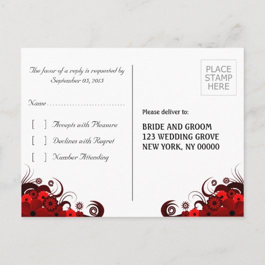 Rood en Wit Bloemen Elegante RSVP Antwoorden Brief Uitnodiging Briefkaart (Achterkant)