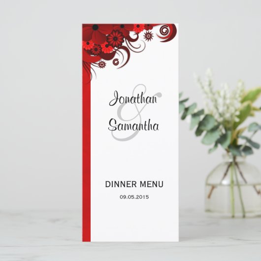Rood en Wit Bloemenbruiloft Diner Menu Kaarten (Staand voorkant)