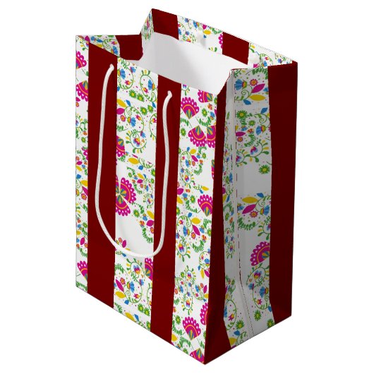 Rood en wit bloemmotief medium cadeauzakje (Voorkant Gekanteld)