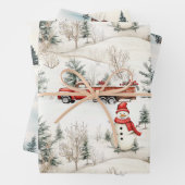 Rood en Wit Bosland Sneeuwman en Vrachtwagen Kerst Inpakpapier Vel (In situ)