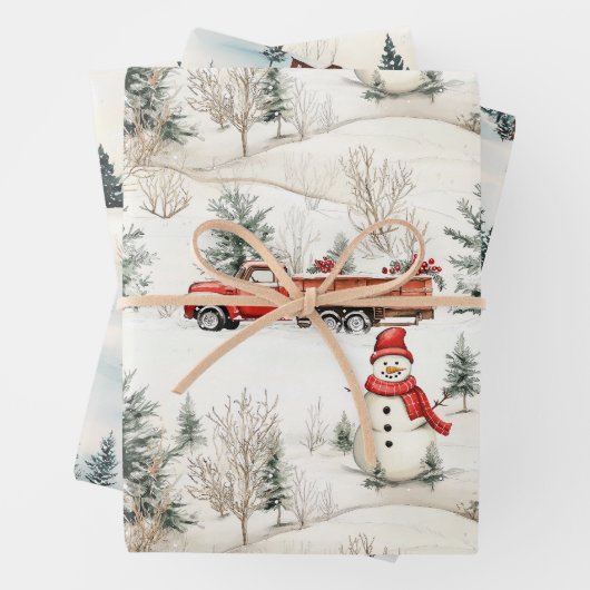 Rood en Wit Bosland Sneeuwman en Vrachtwagen Kerst Inpakpapier Vel (In situ)