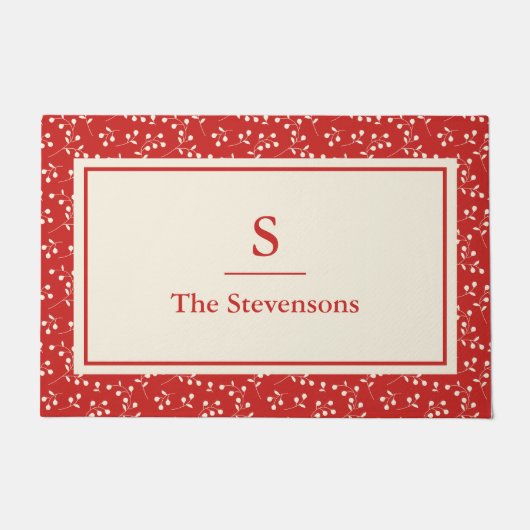 rood en wit botanisch monogram kerst deurmat (Voorkant)