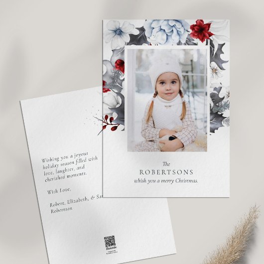 Rood en Wit Botanische Foto Kerstmis Kaart