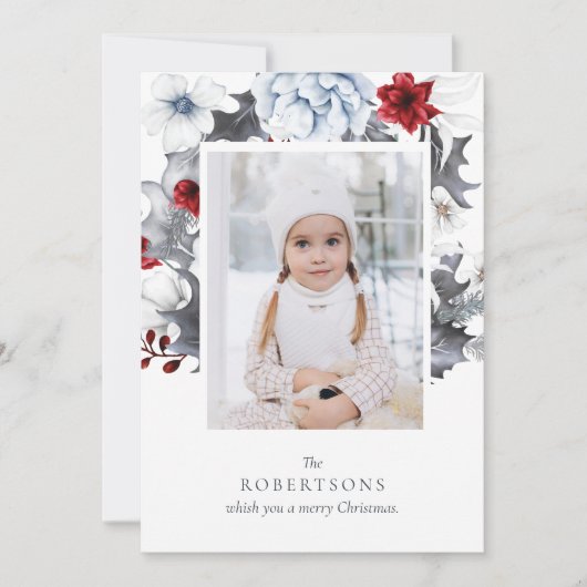 Rood en Wit Botanische Foto Kerstmis Kaart (Voorkant)