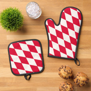 Rood en wit Boven-Beieren diamanten vlagpatroon Ovenwant & Pannenlap Set