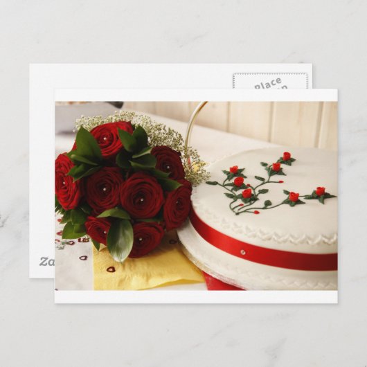 Rood en wit bruidstaart briefkaart (Voorkant / Achterkant)