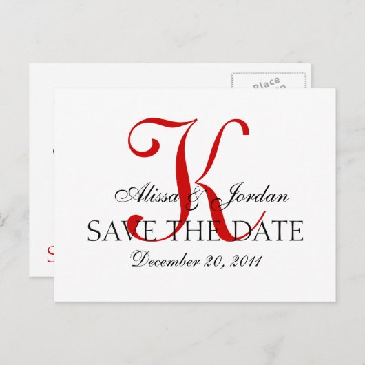 Rood en wit bruiloft Monogram Aankondiging Kaart (Voorkant / Achterkant)