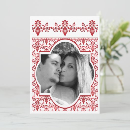 Rood en Wit Bruiloft Uitnodiging w / FOTO (Staand voorkant)