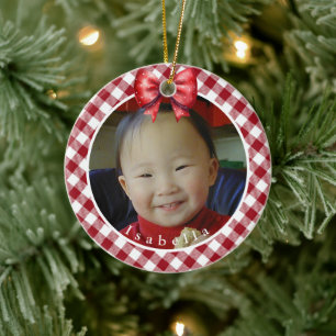 Rood en wit Buffalo Plaid Gepersonaliseerde foto Keramisch Ornament