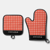 Rood en Wit Check Checkered Gepersonaliseerde Naam Ovenwant & Pannenlap Set (Voorkant)