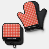 Rood en Wit Check Checkered Gepersonaliseerde Naam Ovenwant & Pannenlap Set (Voorkant / Achterkant)