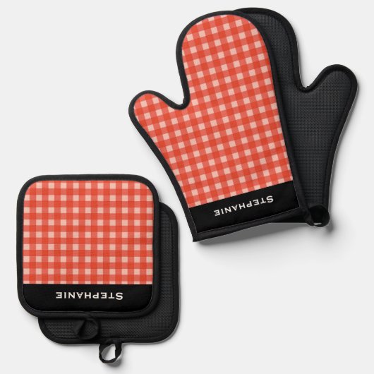 Rood en Wit Check Checkered Gepersonaliseerde Naam Ovenwant & Pannenlap Set (Voorkant / Achterkant)