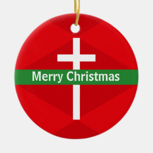 Rood en Wit Christelijk Kruis Vrolijk Kerstfeest Keramisch Ornament