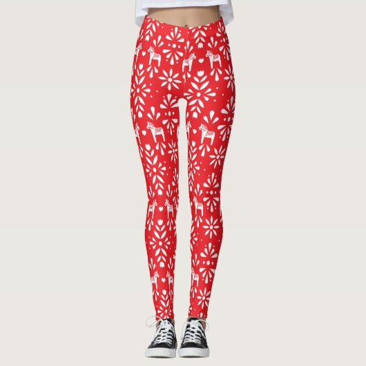 Rood en wit Dala Horse Folk Art Pattern Leggings (Voorkant)