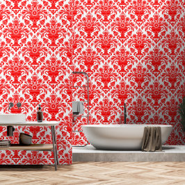 Rood en Wit Damask Bloemschil en stok Behang