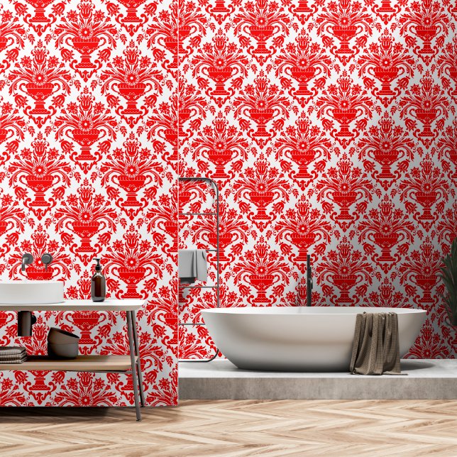 Rood en Wit Damask Bloemschil en stok Behang (Badkamer)