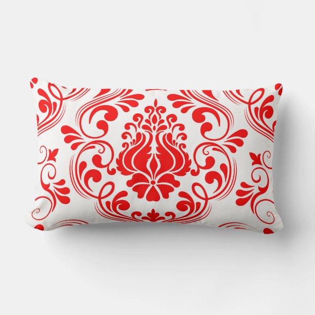 Rood en Wit Damask Floral Elegant Patroon Kussen (Voorkant)