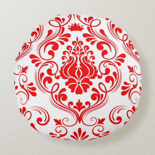 Rood en Wit Damask Floral Elegant Patroon Rond Kussen (Voorkant)