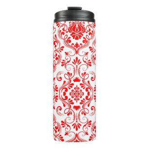Rood en Wit Damask Floral Elegant Patroon Thermosbeker