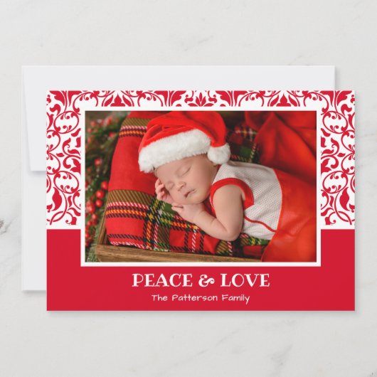 Rood en wit Damask kerstfoto Kaart (Voorkant)