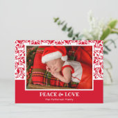 Rood en wit Damask kerstfoto Kaart (Staand voorkant)