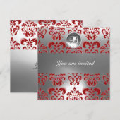 ROOD EN WIT DAMAST PATROON GEM STEEN MONOGRAM KAART (Voorkant / Achterkant)