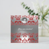 ROOD EN WIT DAMAST PATROON GEM STEEN MONOGRAM KAART (Staand voorkant)