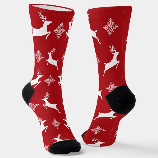 Rood en wit deers en snowflakes kerstpatroon sokken (Gebogen)