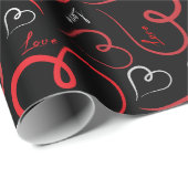 Rood en wit Doodle Hearts Love Script op Black Cadeaupapier (Rol Hoek)