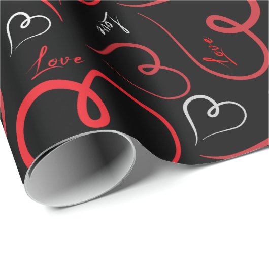 Rood en wit Doodle Hearts Love Script op Black Cadeaupapier (Rol Hoek)