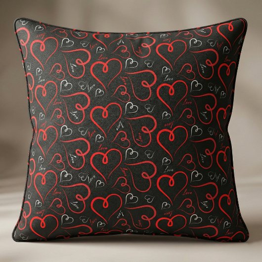 Rood en wit Doodle Hearts Love Script op Black Stof