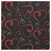 Rood en wit Doodle Hearts Love Script op Black Stof (Swatch)