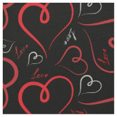 Rood en wit Doodle Hearts Love Script op Black Stof (Close Up)