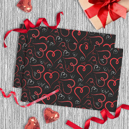 Rood en wit Doodle Hearts Love Script op Black Tissuepapier