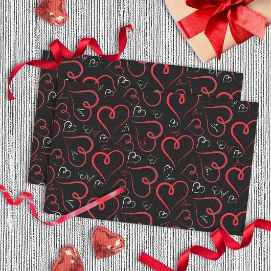 Rood en wit Doodle Hearts Love Script op Black Tissuepapier