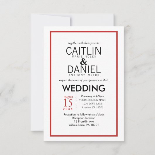 Rood en wit Eenvoudig grenshuwelijk uitnodigen Kaart (Voorkant)